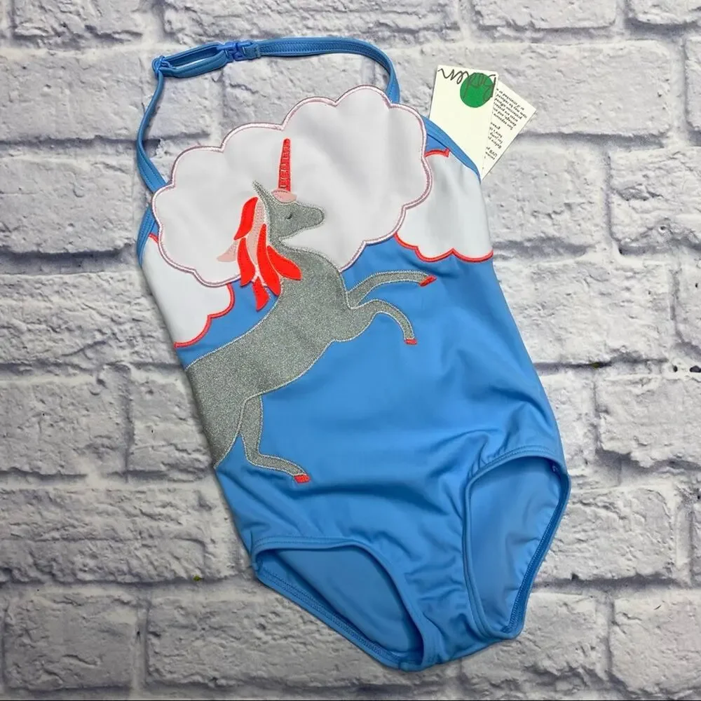 Mini Boden Unicorn Appliqué Swimsuit in Cloud Blue Unicorn